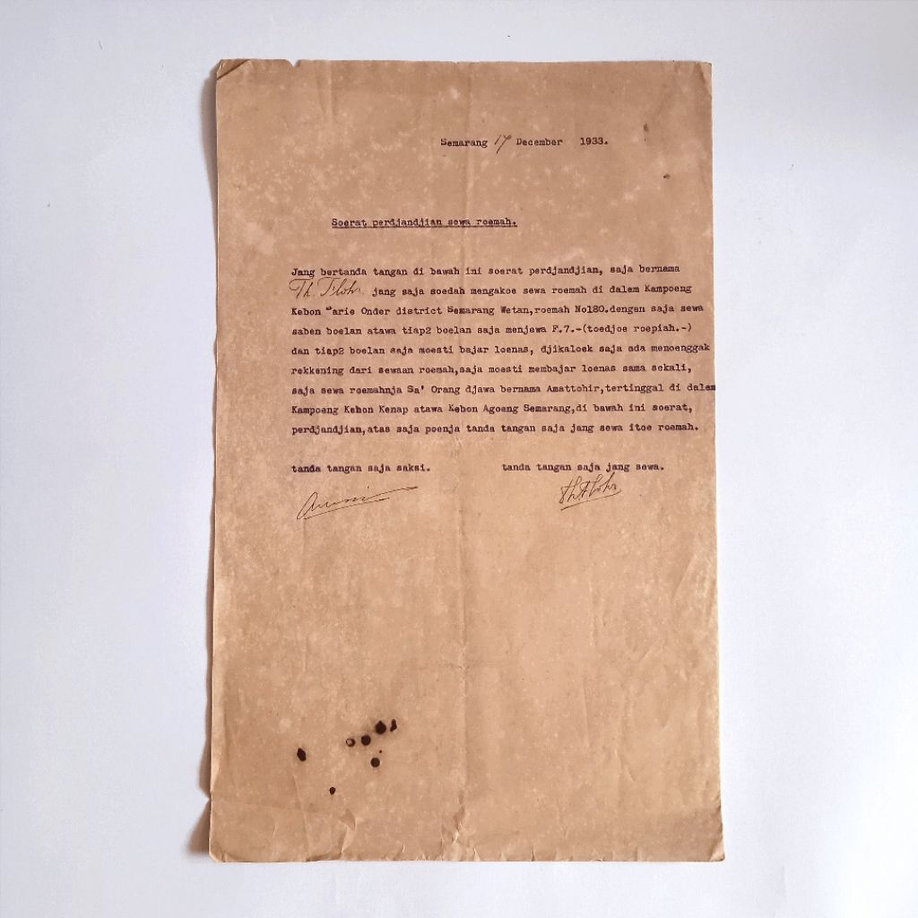 Antik Vintage Dokumen Lama SOERAT PERDJANDJIAN SEWA ROEMAH Semarang 1933 Utuh Asli Tua Layak Koleksi