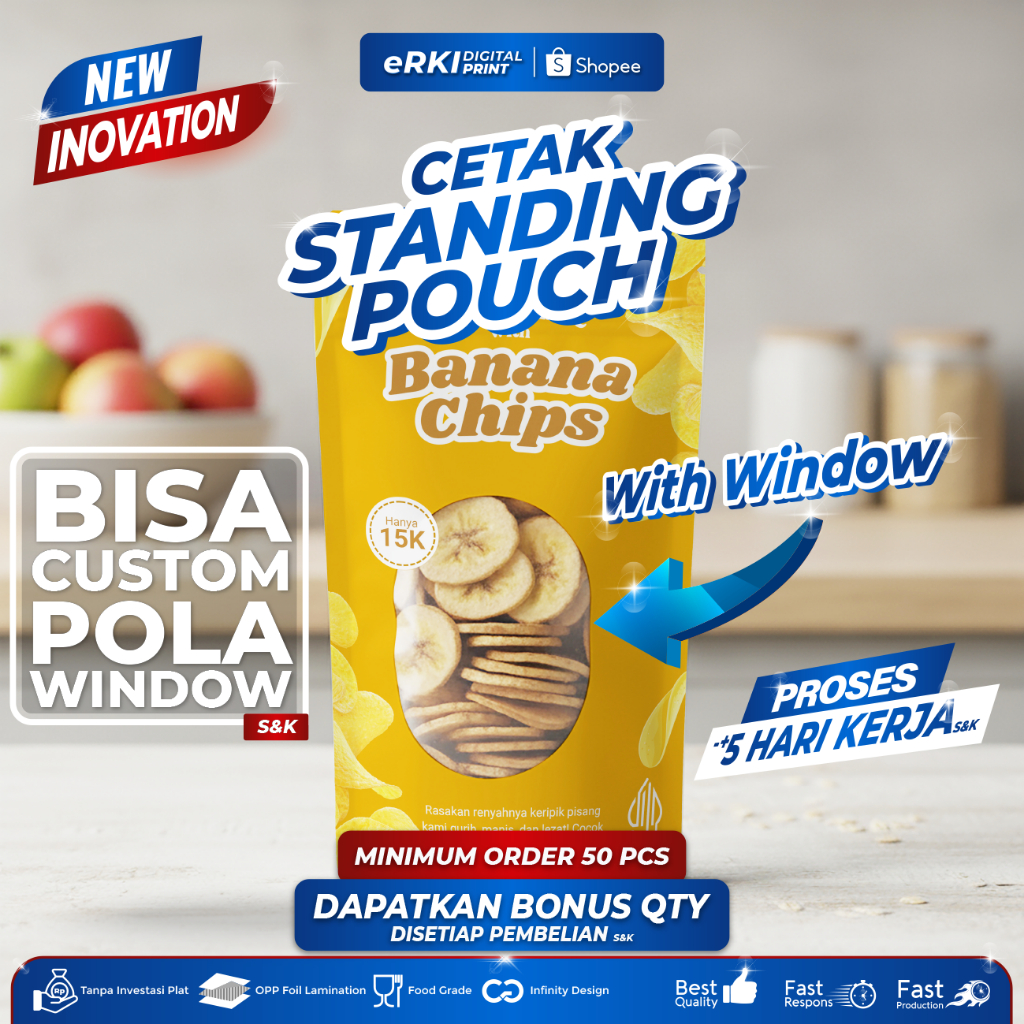 Kemasan Makanan STANDING POUCH  DENGAN WINDOW , Full Print / DOFF / GLOSSY - Non Ziplock / + Ziplock