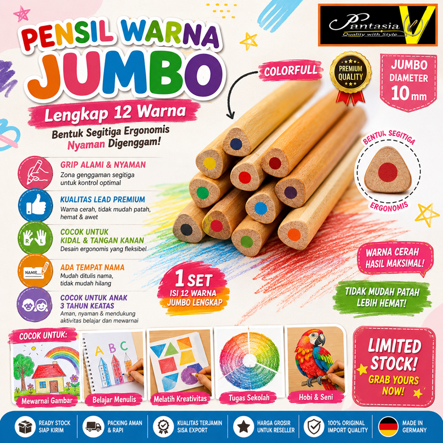 Pensil Warna Jumbo Set Lengkap Import Premium Segitiga Ergonomis Anti Patah untuk Anak Colour pencil