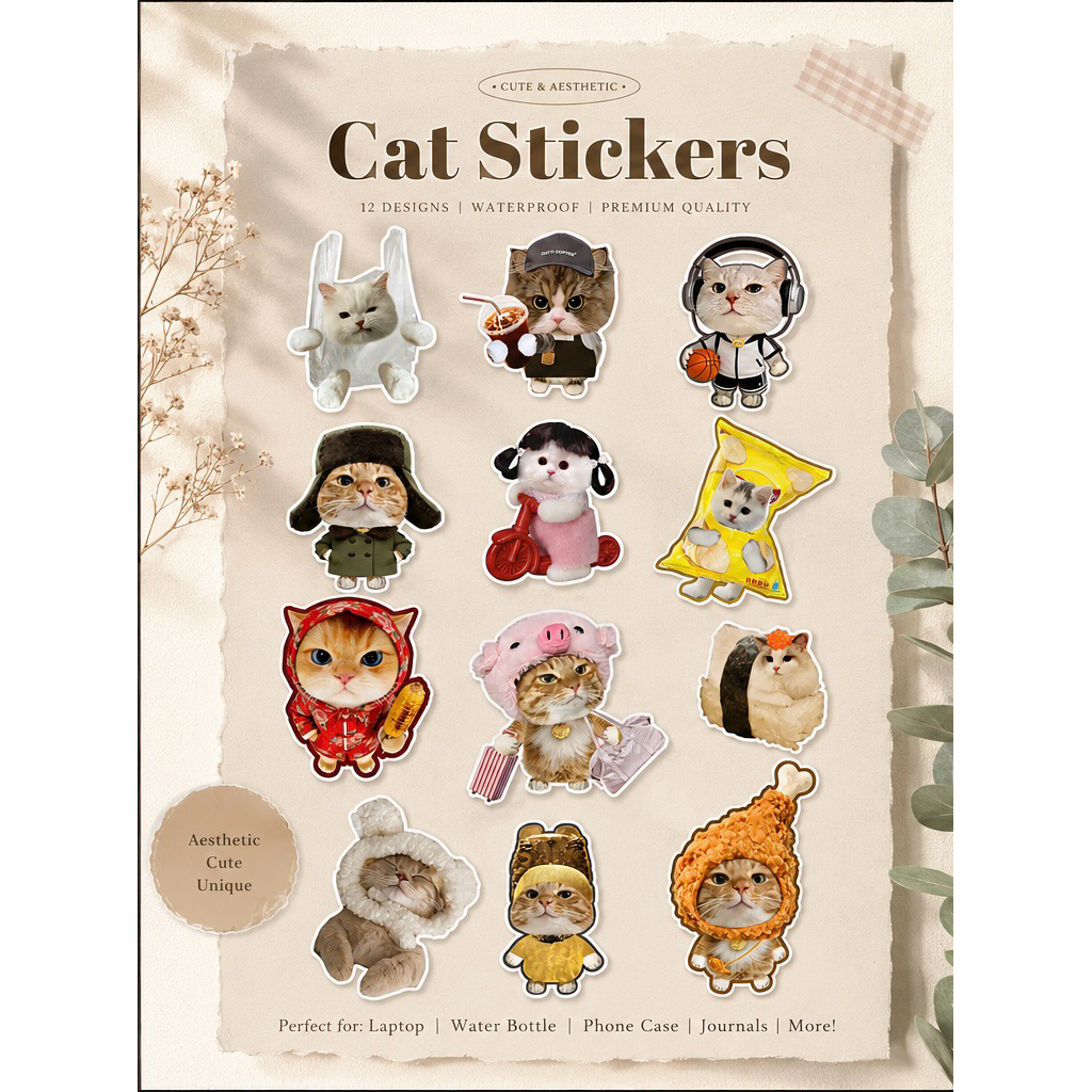 Stiker Kucing Aesthetic Waterproof Lucu untuk Laptop & Journal