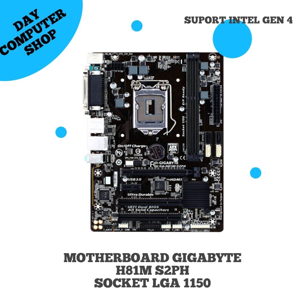 MOTHERBOARD GIGABYTE H81 M S2PH LGA 1150 + PROSESOR INTEL PENTIUM G3250 Gen 4