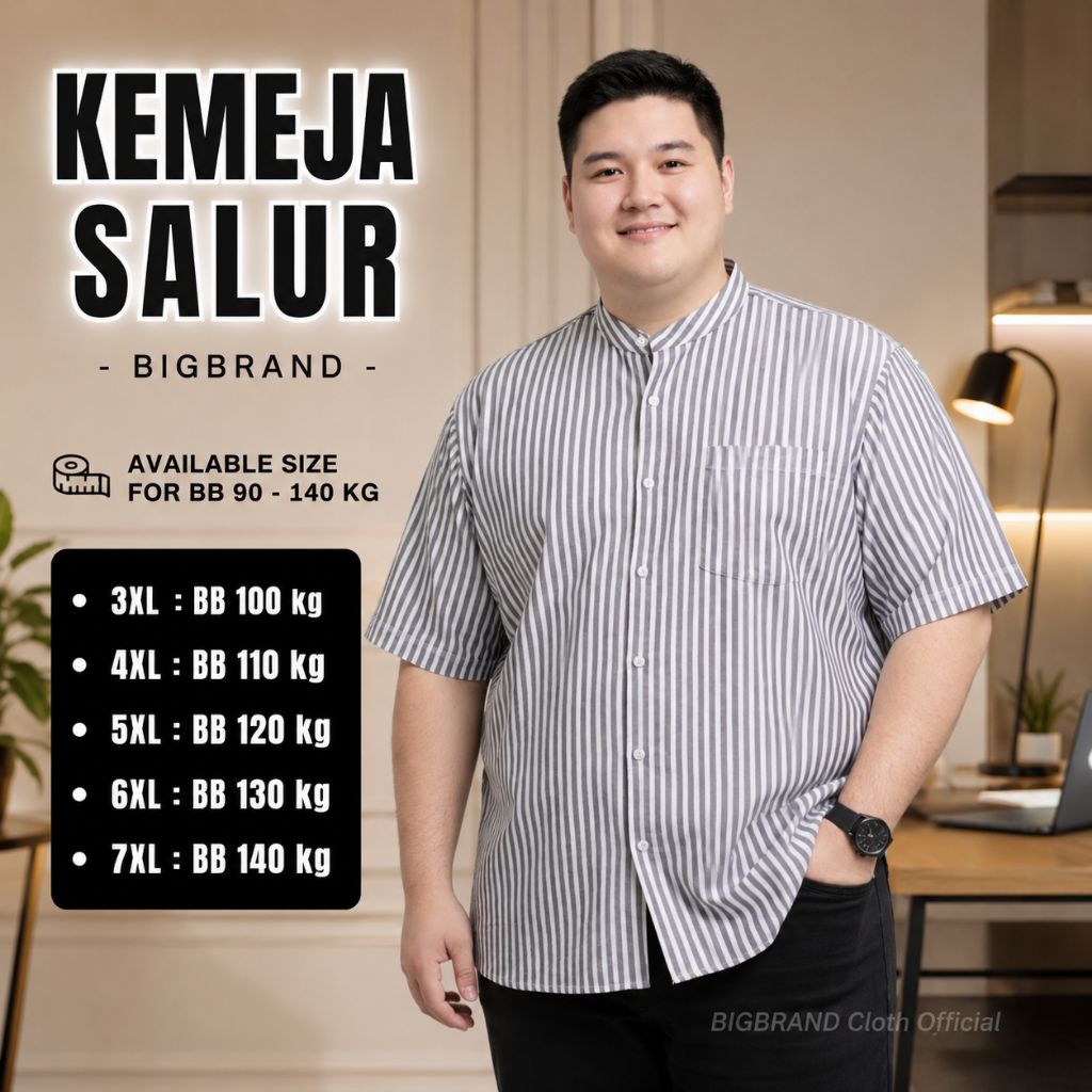Kemeja Salur Pria Jumbo Lengan Pendek Big Size Motif Stripe Garis Garis Katun Premium
