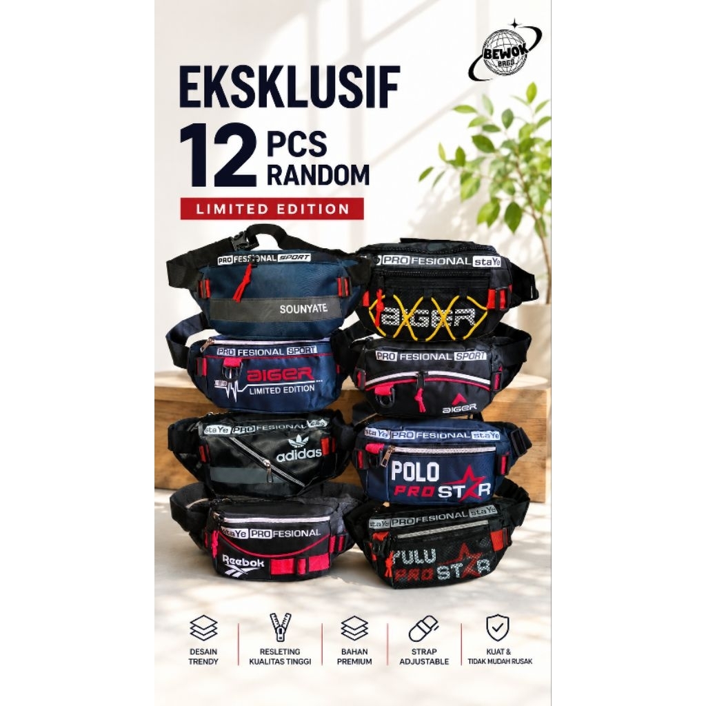 tas waisbag pria keren kekinian. paket usaha 12 pcs random eksklusif