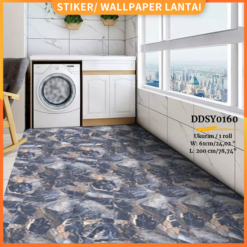 Stiker Lantai Kamar Mandi Motif Ubin Bunga Anti Licin Perekat Diri 60x200cm Wallpaper Toilet Tahan A