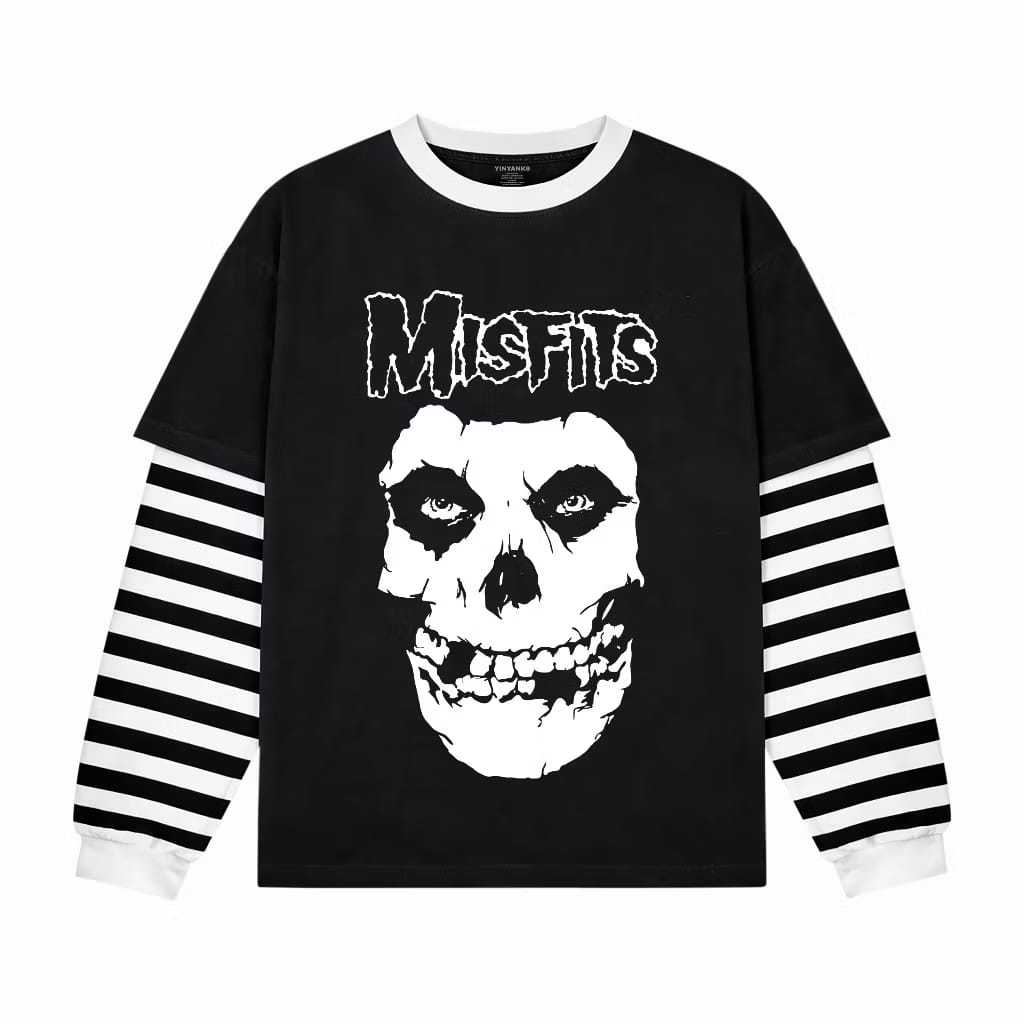 Mickola T-shirt Double layer Rib Salur Misfits long sleeve kaos pria wanita