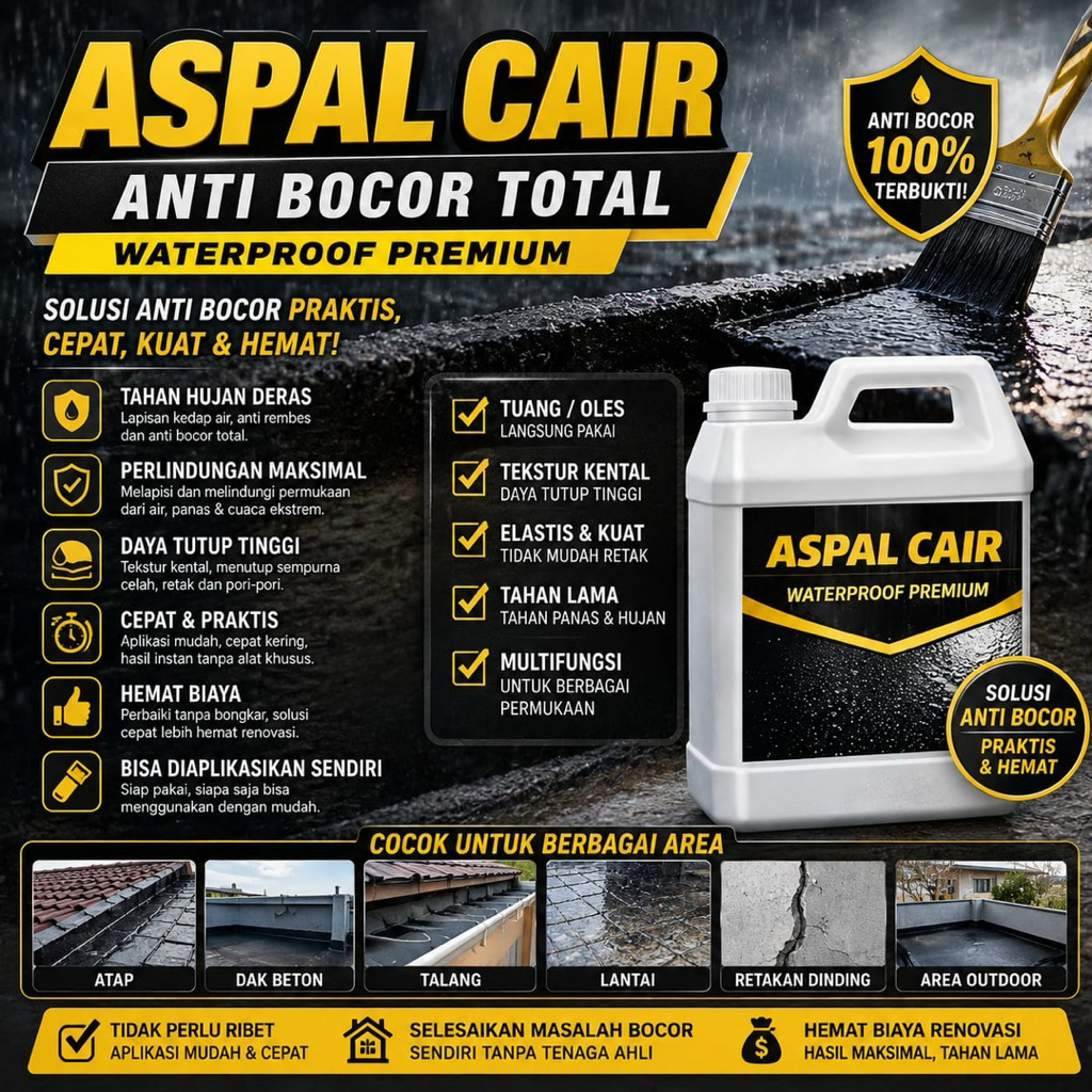 Aspal Cair Anti Bocor Waterproof Dak Beton Atap Tembok Anti Rembes