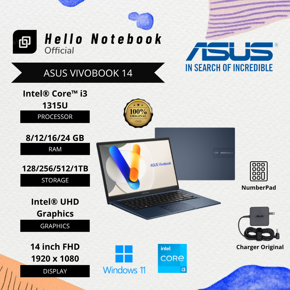 Laptop Baru Asus Vivobook 14 Intel Core i3 Gen 13 | Intel Core i5 Gen 14 SSD Numbricpad
