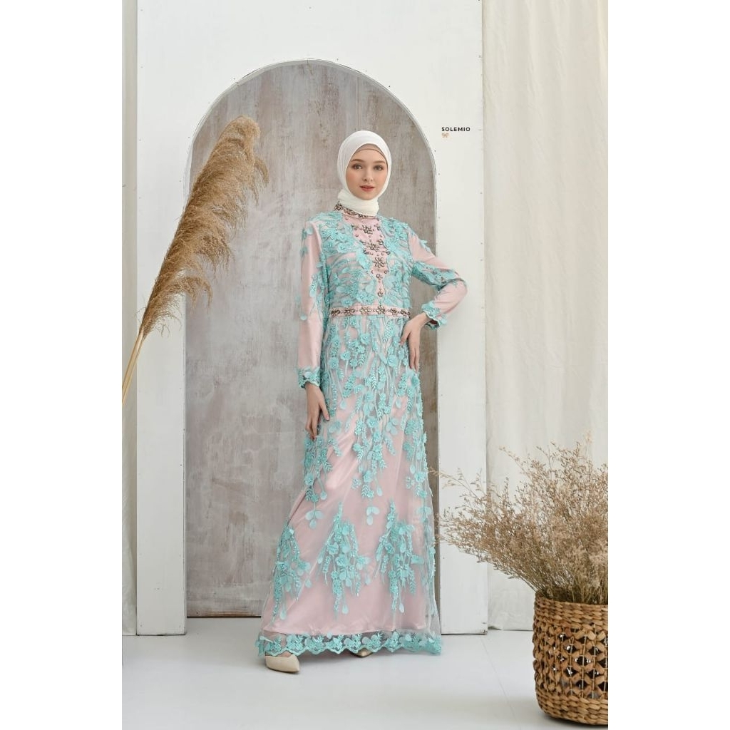 SOLEMIO MAXIDRESS / TERUSAN PANJANG / GAUN PESTA / GAMIS / BAJU MUSLIM MEWAH BRUKAT BUNGA TIMBUL IMP