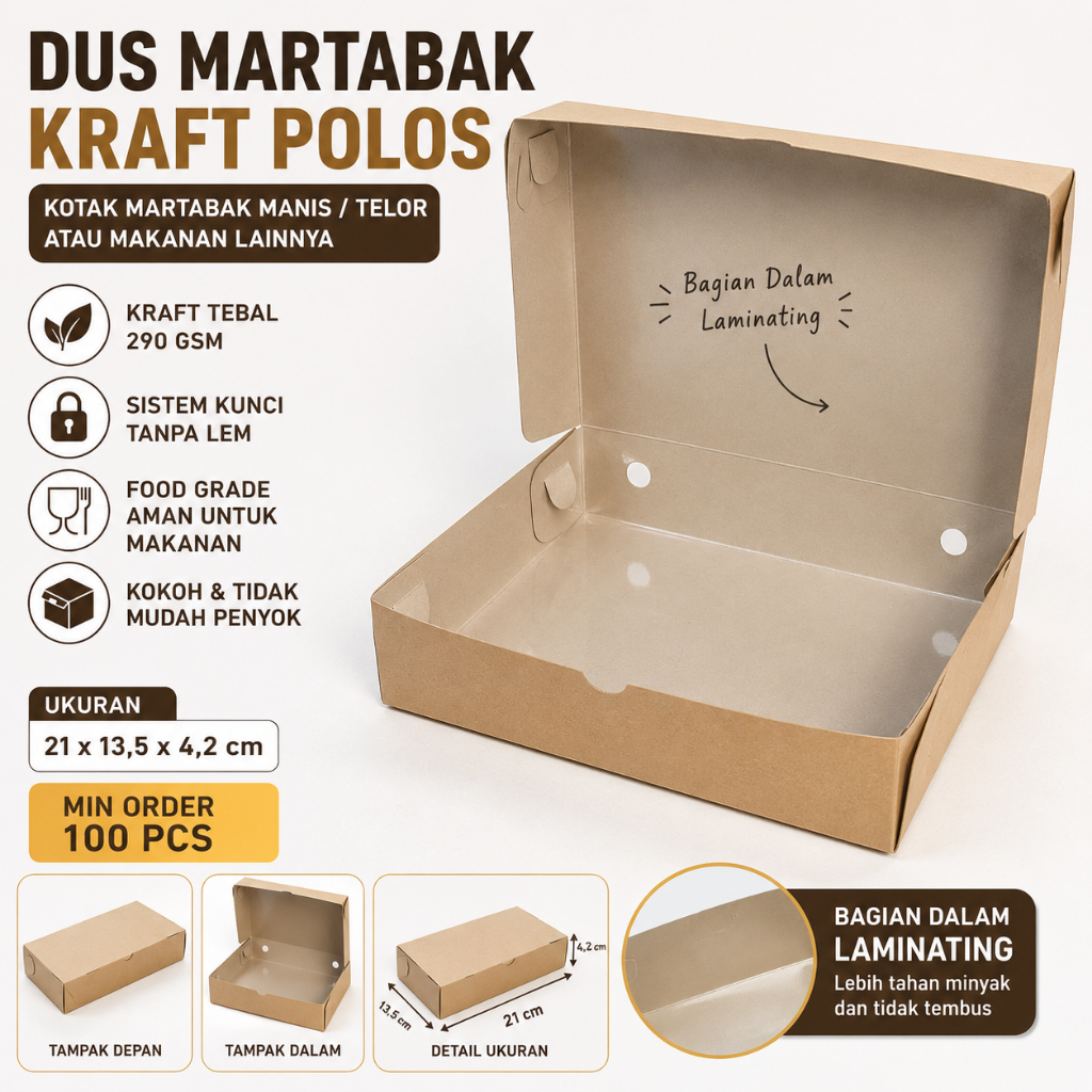 Dus Martabak Kraft Polos Tebal 21x13,5 x 4,2 Box Martabak Tanpa Lem Food Grade