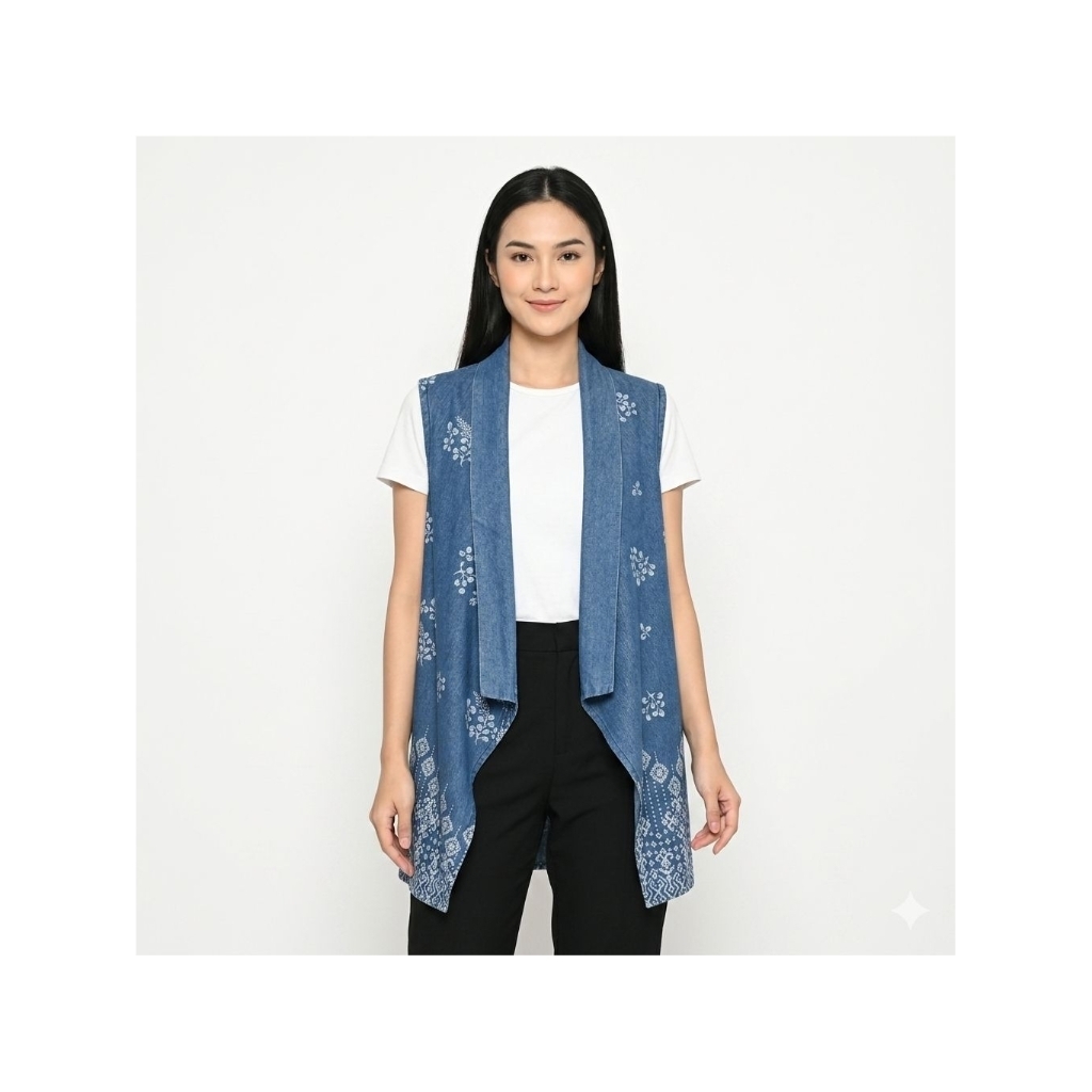 Outer Batik wanita tanpa lengan,motif bunga anggrek Batik jeans/Denim