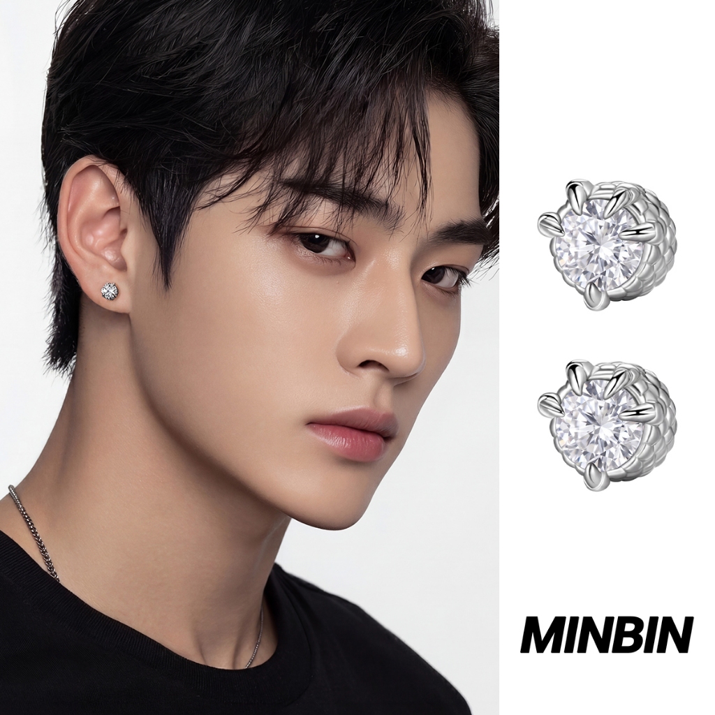 MINBIN Anting Tusuk Pria Silver Look Kristal Zirkon Tunggal Bahan Tembaga Anti Karat Simple Elegan K