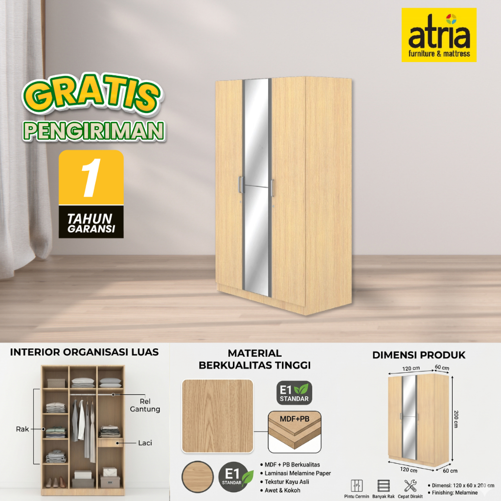 Atria Lemari Pakaian 3 Pintu Tarik Stein