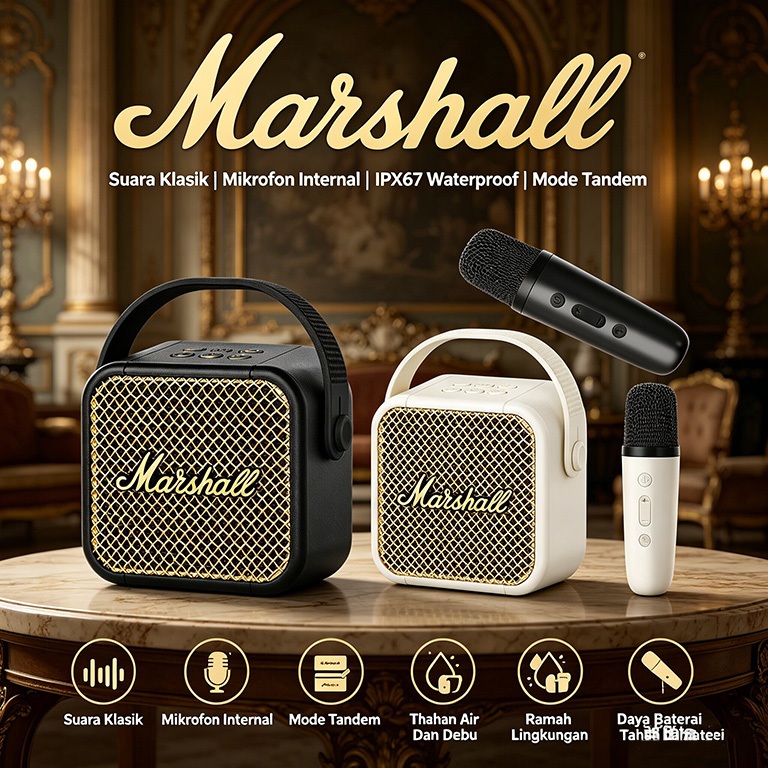 Marshall Mini Bluetooth Speaker Karaoke Boombox || Portable Bluetooth Speaker With Dual Mic Karaoke