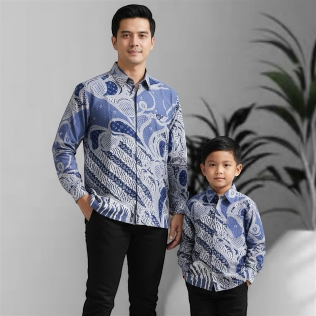 BIRU DONGKER SG,Batik Couple Ayah dan Anak Lengan Panjang Pendek Lapisan Furing Warna BIRU DONGKER