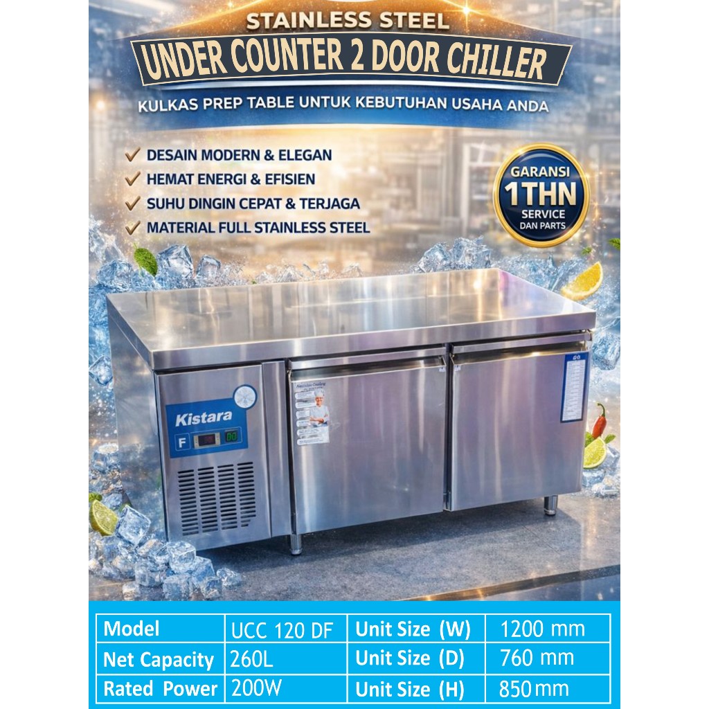 Under Counter  Chiller 2 Door Panjang 120  ( fan Cooling )  ,Kulkas Dapur , Kulkas catering ,Kulkas 
