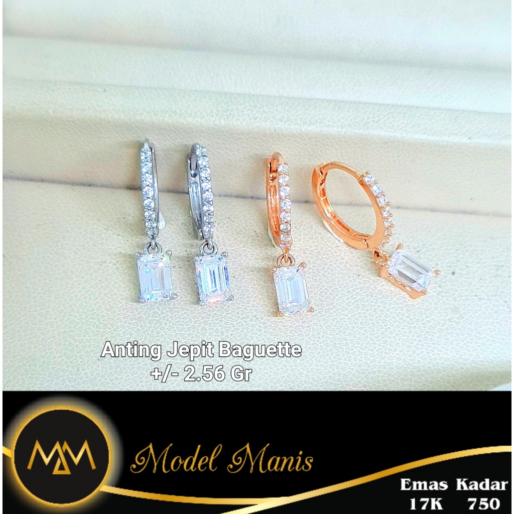 Model Manis Gold - Anting Jepit Baguette Putih Rosegold - Emas 17k 750