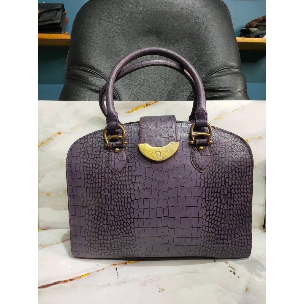 Vintage Top Handle Bag AIGNER MUNICH Croco Motif Genuine Leather ORIGINAL