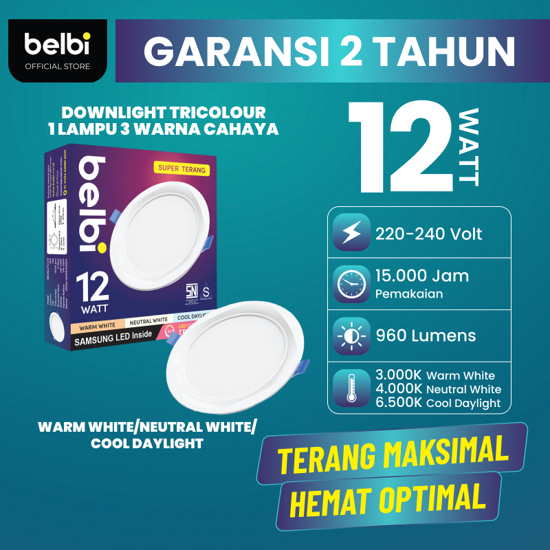 Belbi Lampu Downlight LED 3 Warna 12 Watt Garansi 2 Tahun - 1 Lampu 3 Warna Cahaya Tricolour