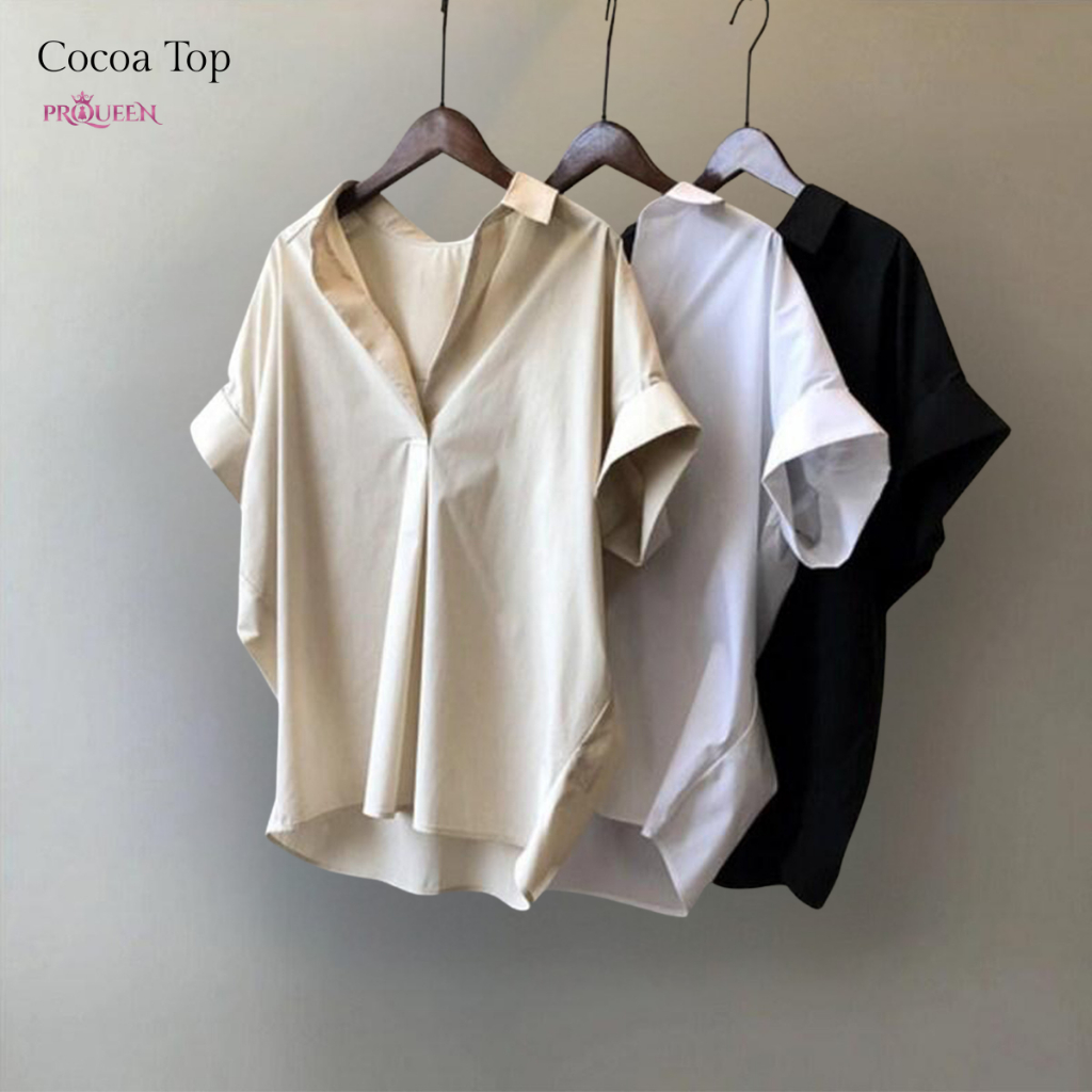 PRQUEEN Cocoa Wanita Blouse Wanita Lengan Pendek Bahan Katun Rayon Twill