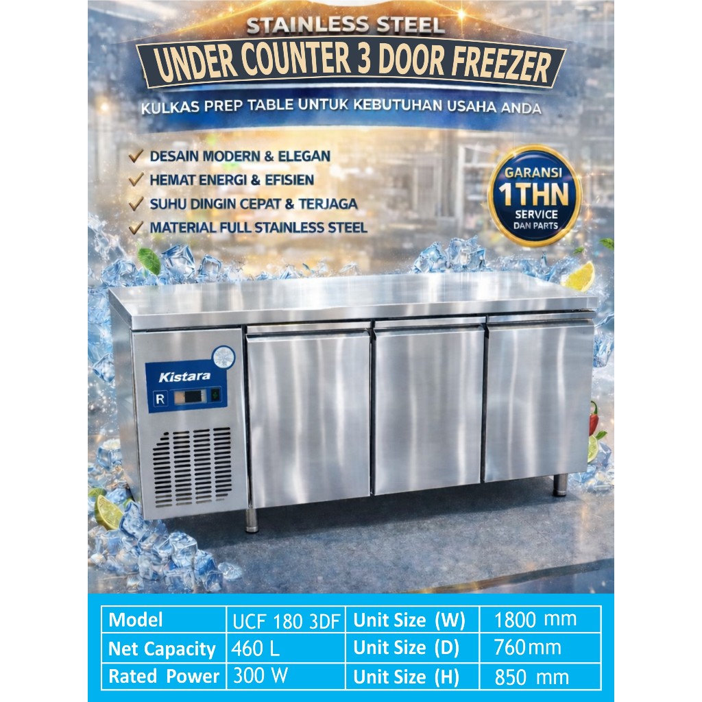 Under Counter 3 Door Freezer Panjang 180 ( fan Cooling ) Kulkas Restoran , Kulkas Meja , Kulkas Stai