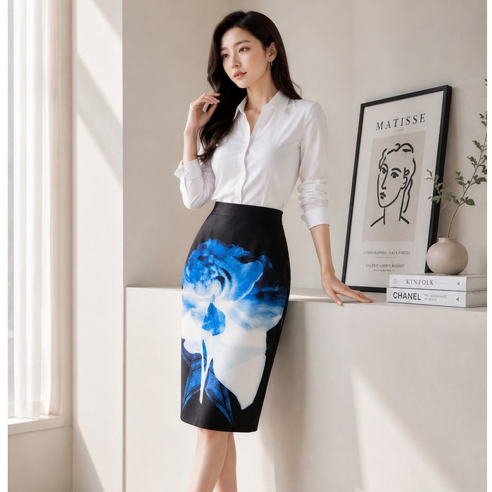 Rok Pensil Wanita Motif Bunga Biru Elegan | High Waist Pencil Skirt Korean Style