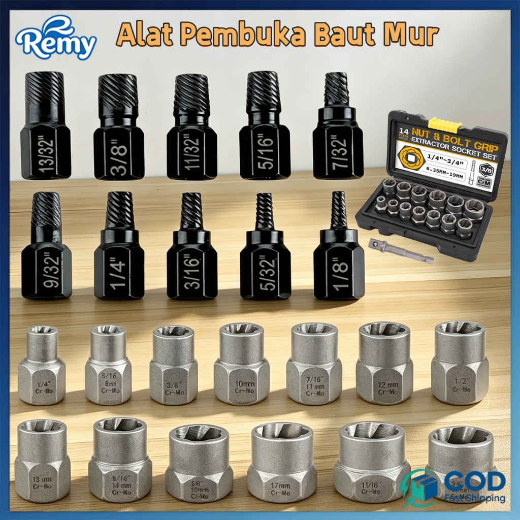 10/14 Pcs Set Alat Extractor Baut Rusak Set 8-19Mm Baja Karbida Kunci Ring Pass Patah Dol Screw Nut 