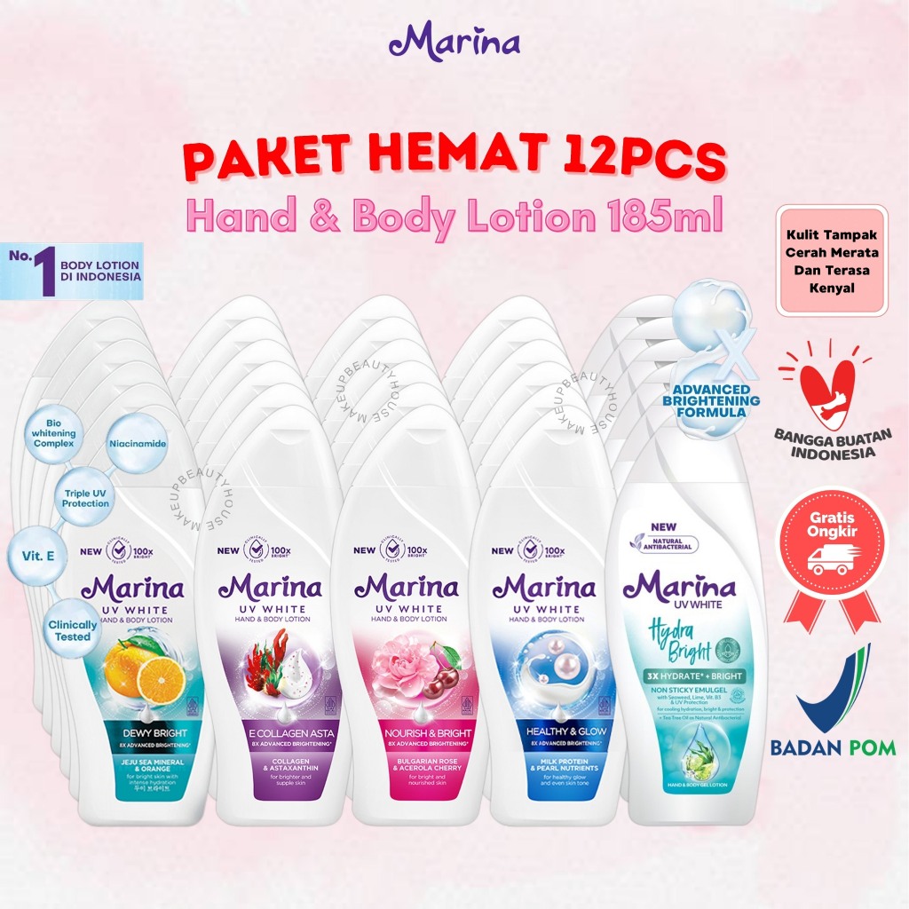 [PAKET 12PCS] MARINA Hand Body Lotion UV White 185ml - Nourish & Bright / Healthy & Glow / Dewy Brig