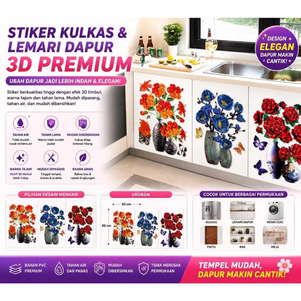 Topsmile - Sticker Dinding 3D  Simulasi Bunga / Tempelan Dinding Bunga 3D 30X58 Cm