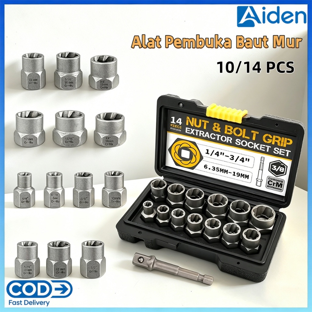 10/14 Pcs Set Alat Extractor Baut Rusak Set 8-19Mm Baja Karbida Kunci Ring Pass Patah Dol Screw Nut 