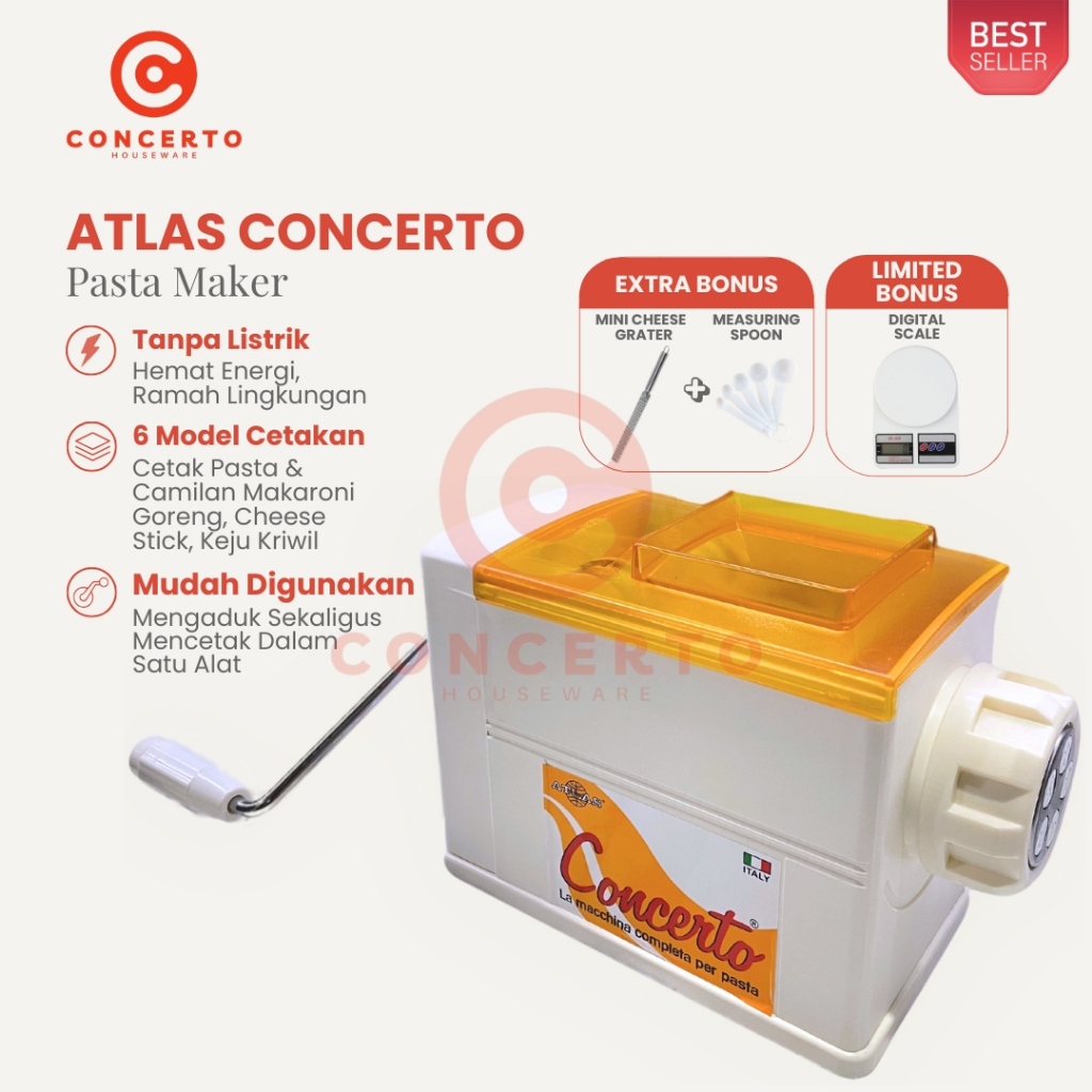 Atlas Concerto Pasta Maker Original Alat Cetak Makaroni Cheese Stick Keju Kriwil 6 Cetakan Manual
