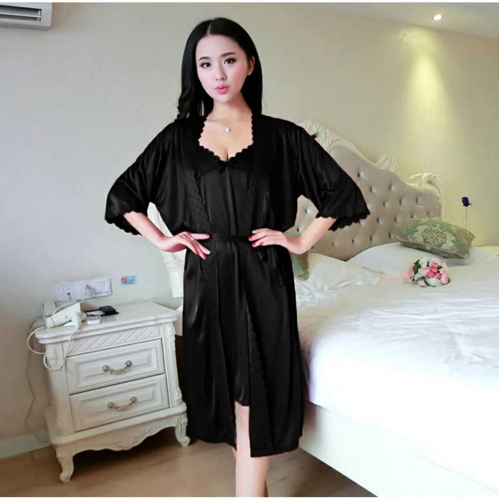 BAJU TIDUR KIMONO KOREAN STYLE 2IN1 JUMBO SATIN IMPORT