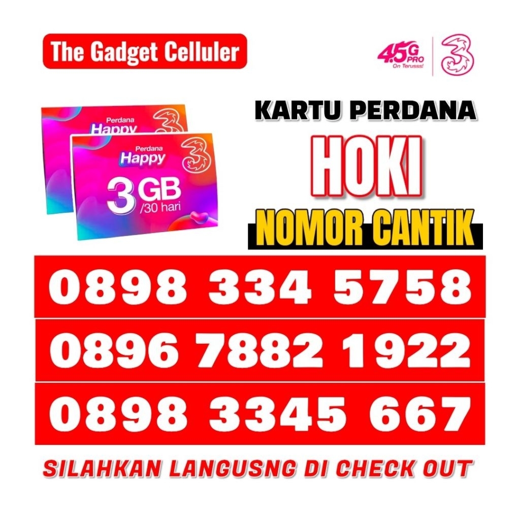 Kartu Perdana Nomor Cantik Tri Three Seri Hoki 5758/1234/Urut | Nasional 4G/LTE/5G (0002.1)