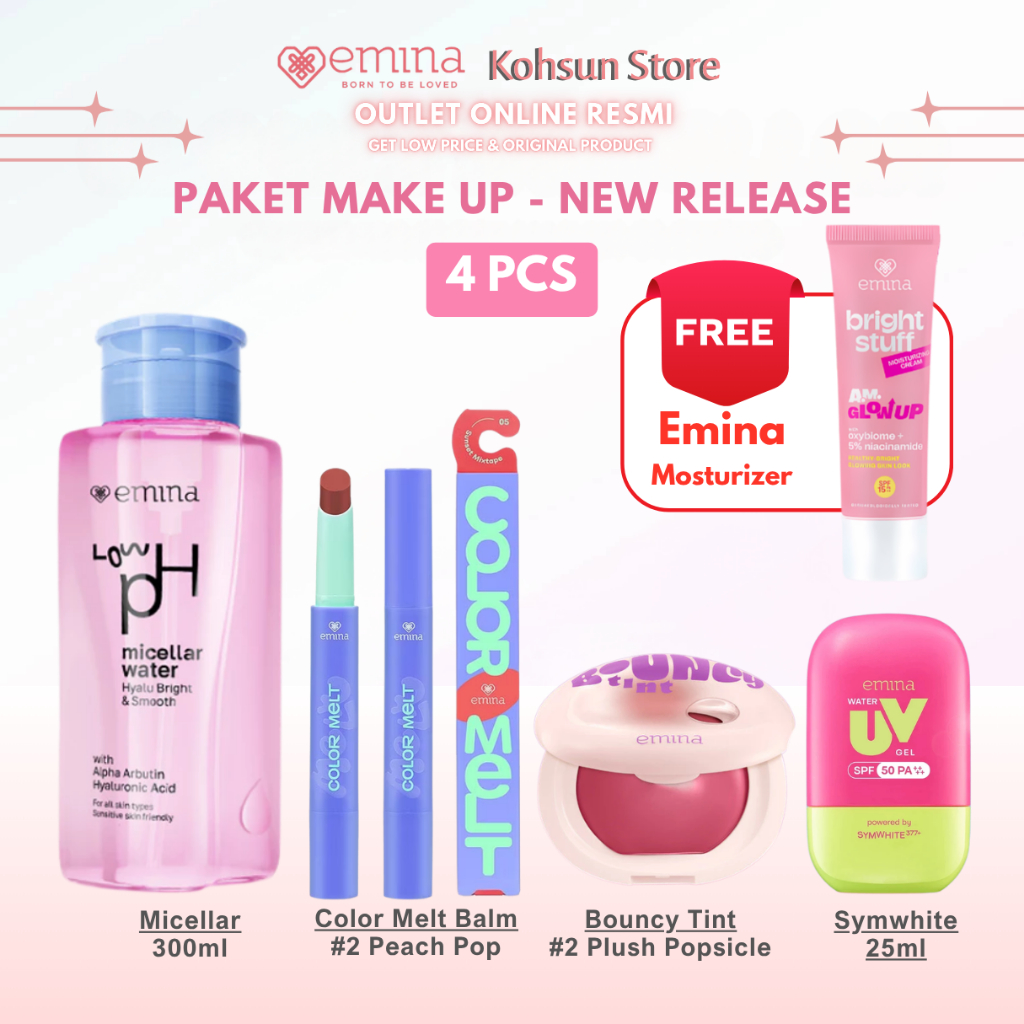 Emina Paket New Make Up 4in1 (Micellar Low PH Bright / Purity, Bouncy Tint, Sunscreen UV Gel Symwhit