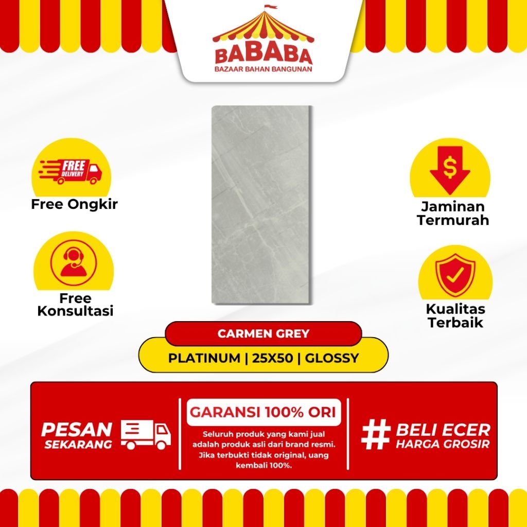 Keramik Dinding Ukuran 25x50 Platinum Carmen Grey Glossy Rata Motif Marble Keramik Dinding Kamar Man
