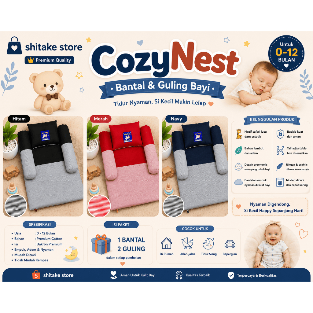 CozyNest Bantal & Guling Bayi Premium | Set Bantal Bayi 1 Bantal 2 Guling | Perlengkapan Tidur Bayi 