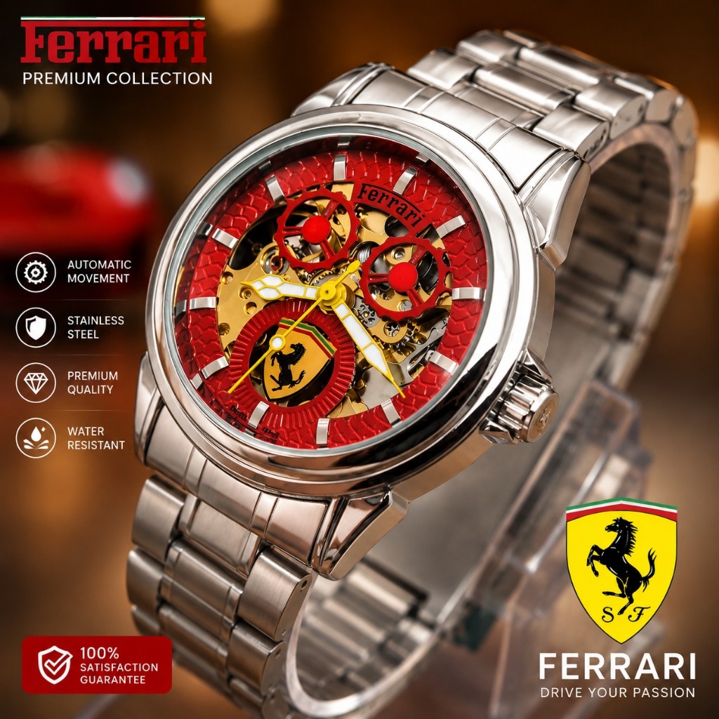 JAM TANGAN FERRARI MESIN OTOMATIS TANPA BATRAI FASHION PRIA WANITA FREE BOX
