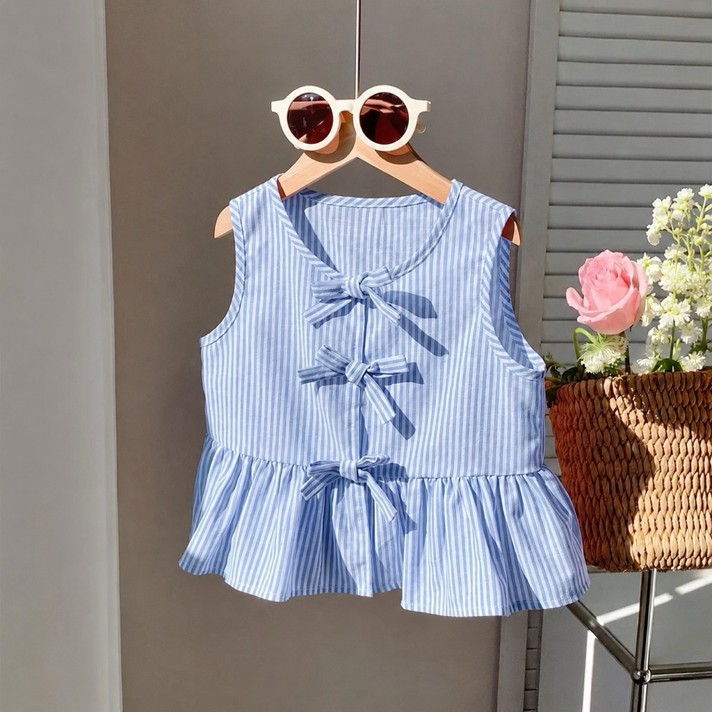 Karisa Atasan Anak Perempuan Garis-Garis Tanpa Lengan/ Blouse Anak Motif Salur Aksen Pita Cantik