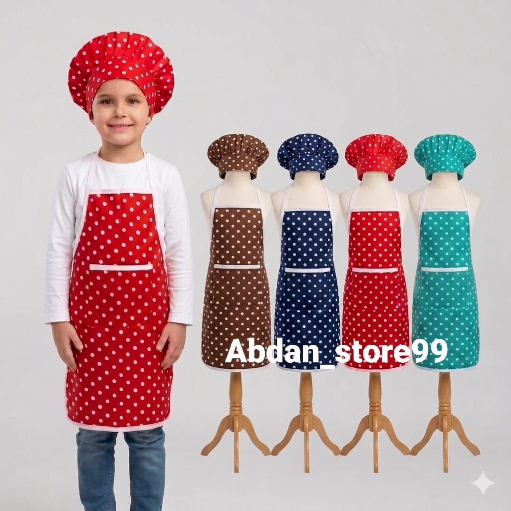 Celemek Anak TK Apron+Topi Chef Koki Motif Polkadot
