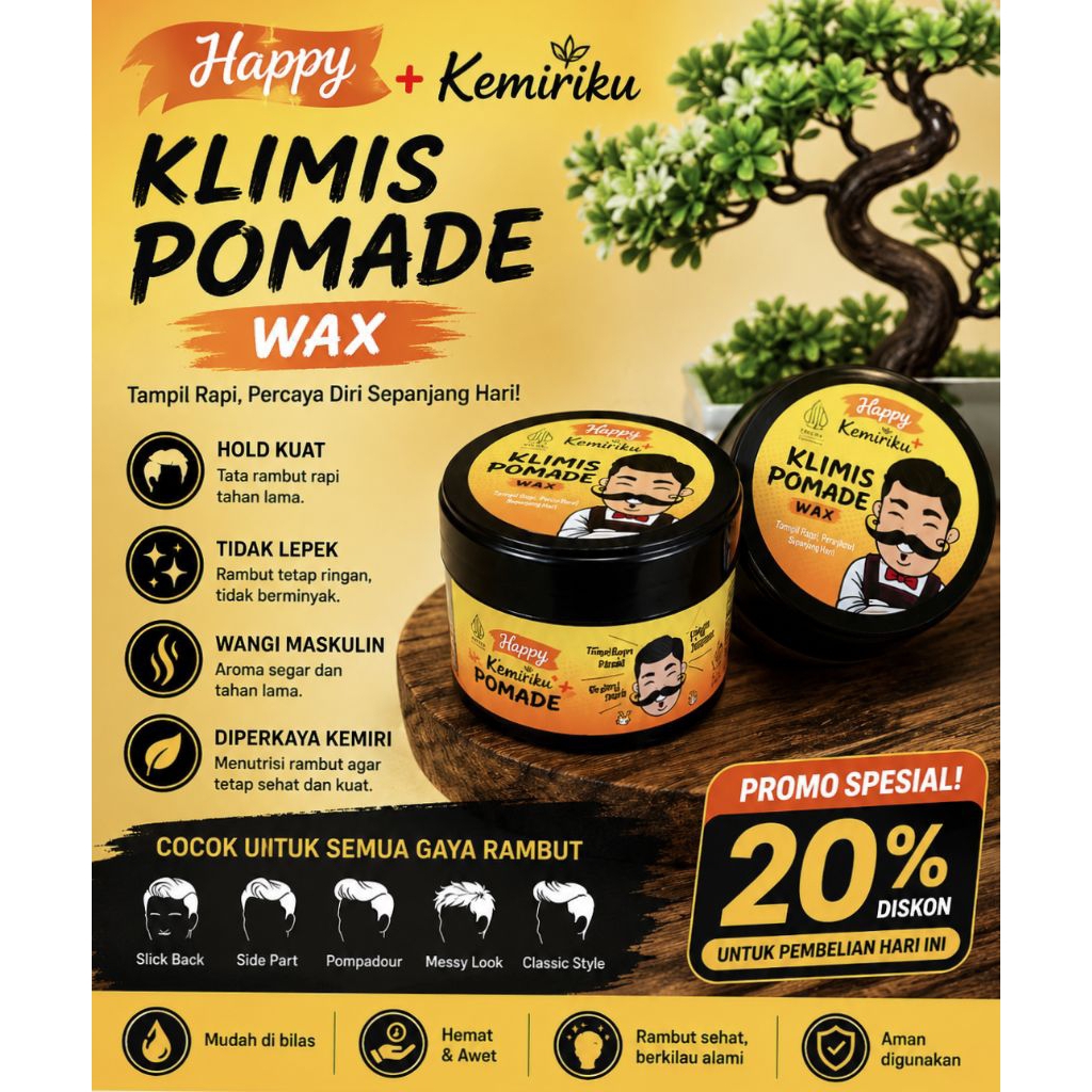 Pomade Rambut Pria Happy Kemiriku -Formulasi Wax Based