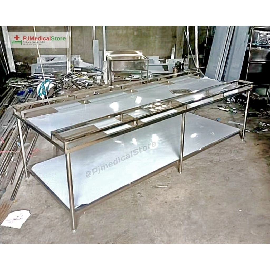 Meja pemosian makanan dapur MBG Stainless Food Grade 304 / Meja Pemorsian Stainless Dapur MBG 300×12