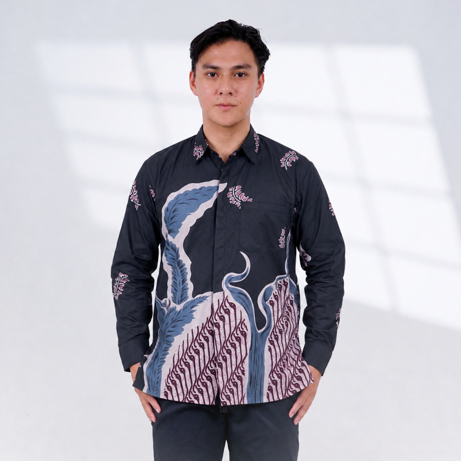 BATIK TRUSMI Batik Pria Kemeja Lengan Panjang Motif Daun Hitam Abstrak BUL
