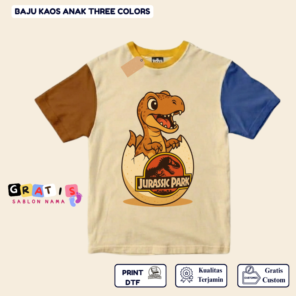 shabira tas  - Kaos Anak DINO JURASSK PARK   - Kaos Anak Pendek Three Colors Dino - Kaos Anak Sablon