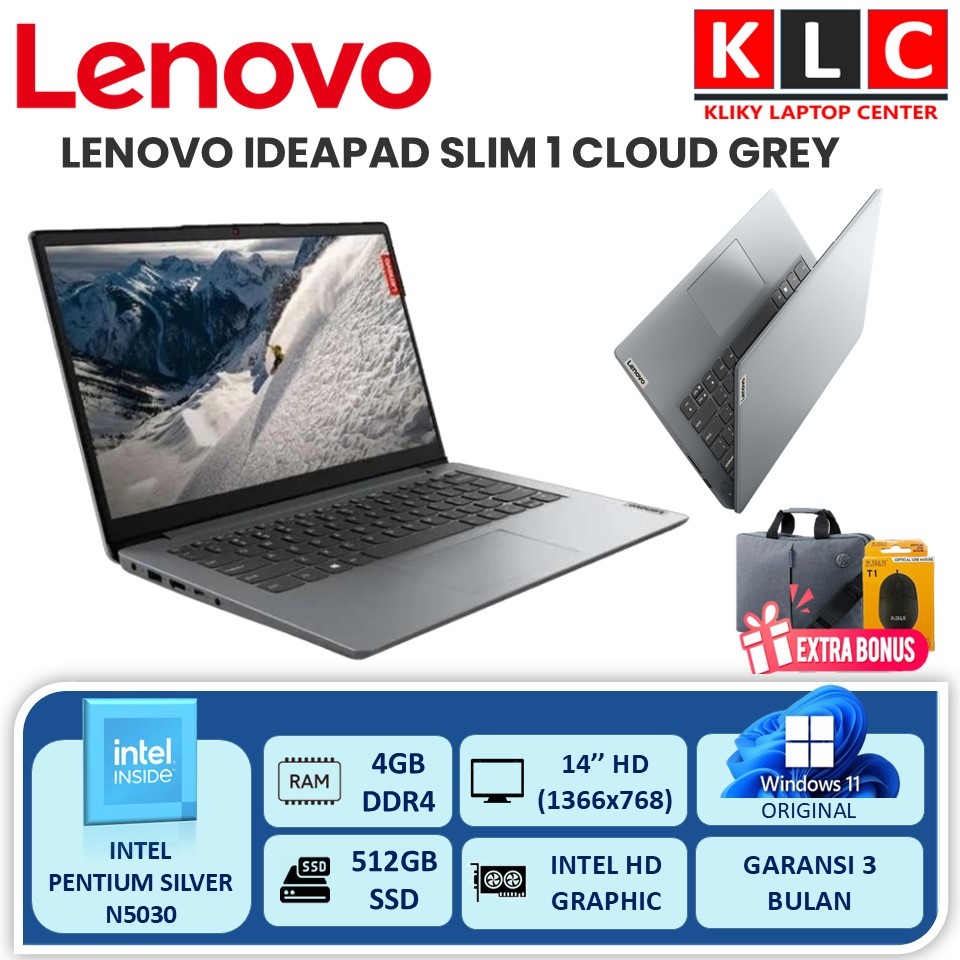Laptop Pelajar Lenovo Ideapad Slim 1 14 Intel Pentium Silver N5030 4GB 512GB 14 HD Cloud Grey