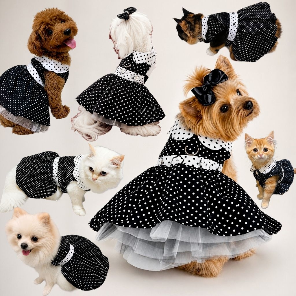 Migo Design 06 Baju Kucing/Anjing Dress Polkadot Hitam Putih Pesta / Pakaian AnaBul Hewan Peliharaan