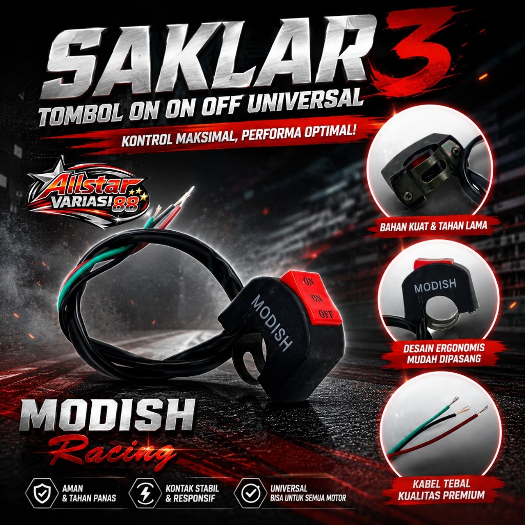 Saklar Stang 3 Tombol ON ON OFF Modish Universal Motor | Switch Motor Variasi Lampu & Aksesoris