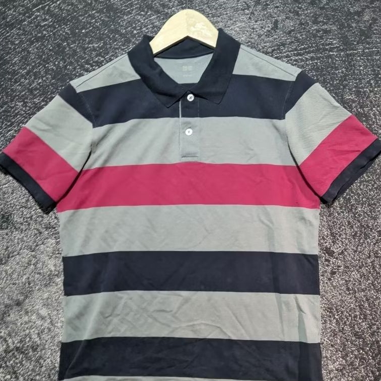 Kaos Polo Pria Uniqlo Motif Garis (Striped) - Navy, Abu-abu, Merah