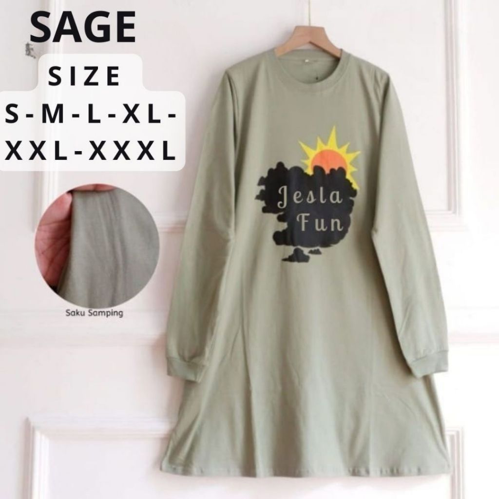 Midi Dress Viral Aluna Tunik BO Bahan Kaos Katun Combed 24s Aplikasi Sablon Size S - 3XL Ld 90 - 130
