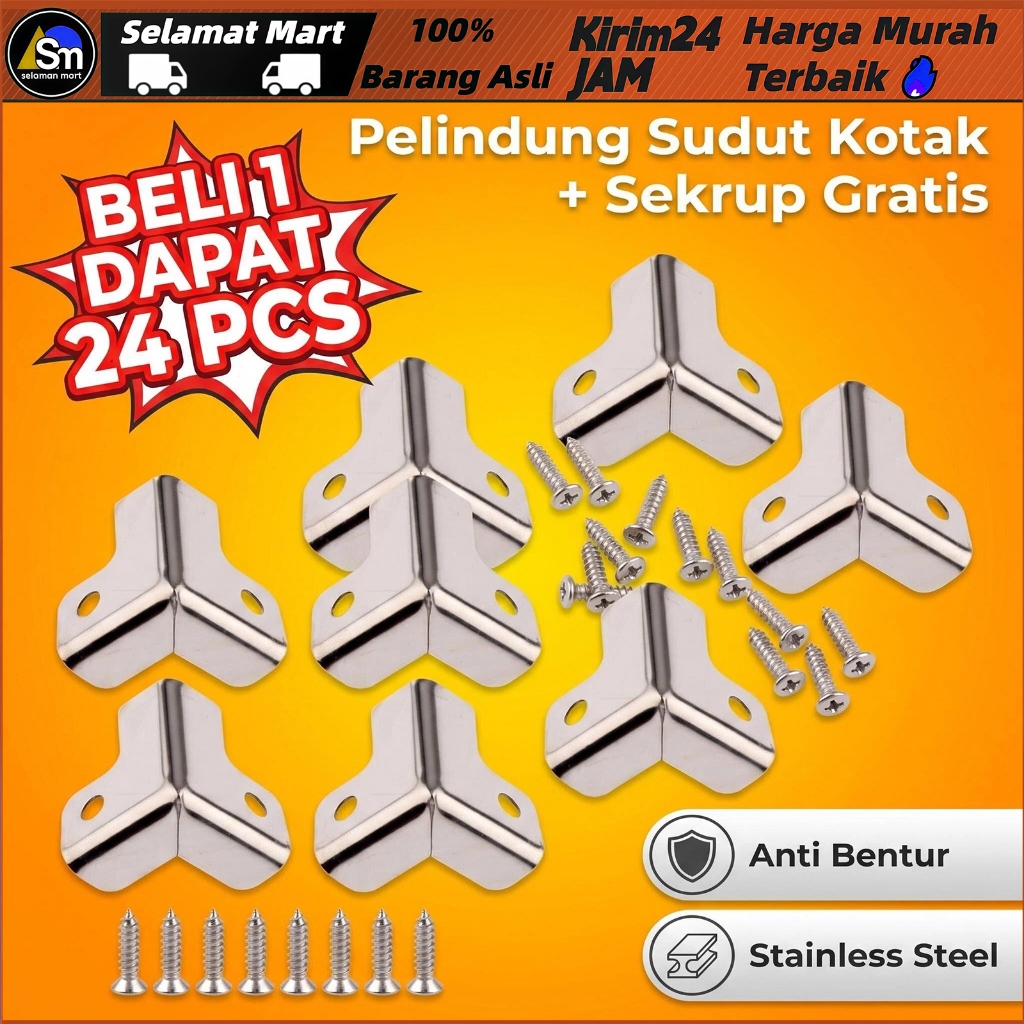 8pcs Sudut Lemari L Stainless Steel + Sekrup  /Siku L/Siku Corner Hardcase L/Siku Box Pojok