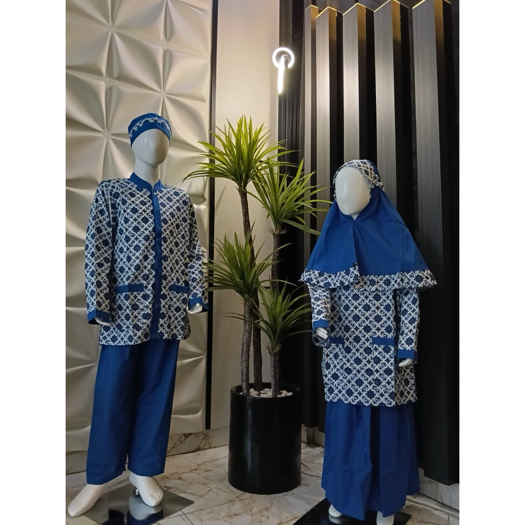 Setelan Batik Seragam Muslim Anak TK/PAUD dan Koko Batik biru putih + Hijab & Peci