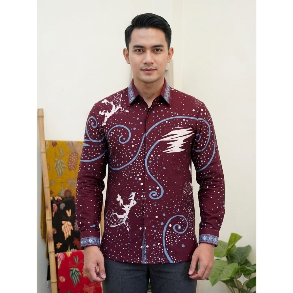 Batik_Mas batik pria merah maroon lapis puring